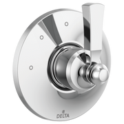 Chrome and white Delta Dorval diverter trim with round escutcheon plate and lever handle for shower valve control.