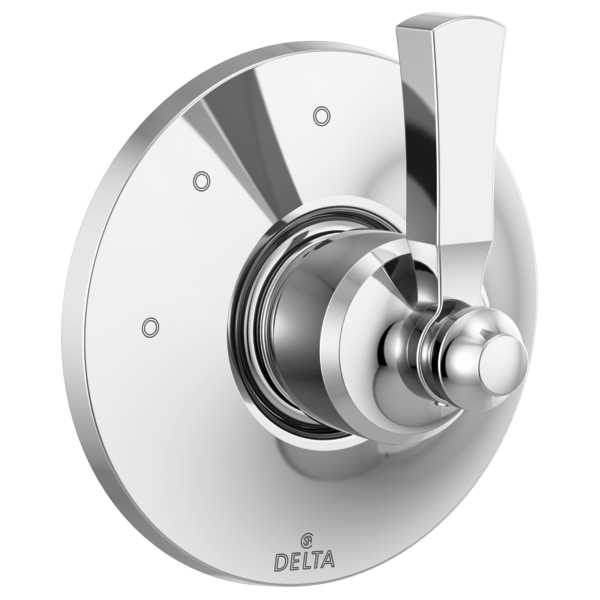 Chrome and white Delta Dorval diverter trim with round escutcheon plate and lever handle for shower valve control.