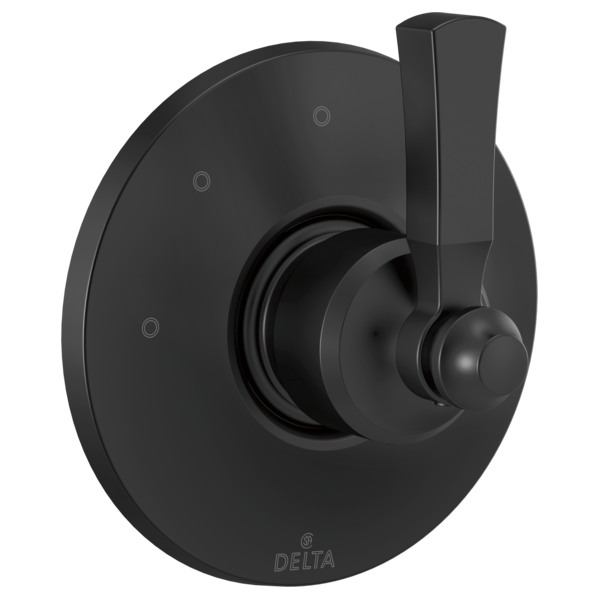 Black Delta Dorval diverter trim with round escutcheon plate and lever handle for three-way water control.