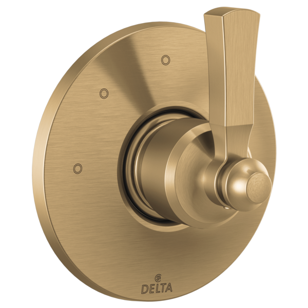 Brushed champagne bronze circular trim plate with diverter valve and lever handle for shower system.