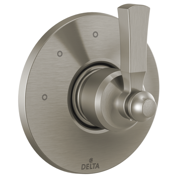Brushed nickel round diverter trim with lever handle and three mounting holes.