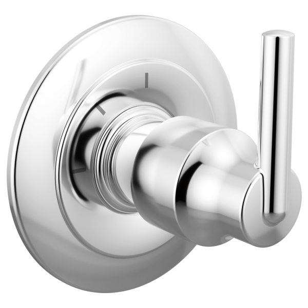 Chrome diverter trim with round escutcheon plate and single lever handle for bathroom shower valve.