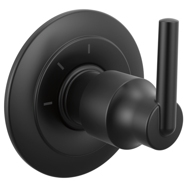 Matte black diverter trim with round escutcheon, cylindrical handle, and lever control for shower routing.