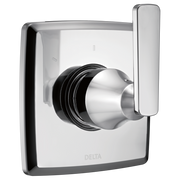 Chrome and white square shower valve trim with cylindrical knob and vertical lever handle on right side.