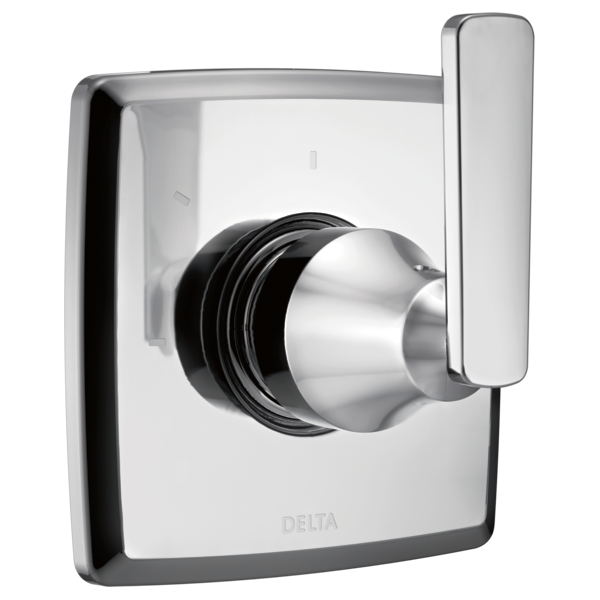 Chrome and white square shower valve trim with cylindrical knob and vertical lever handle on right side.