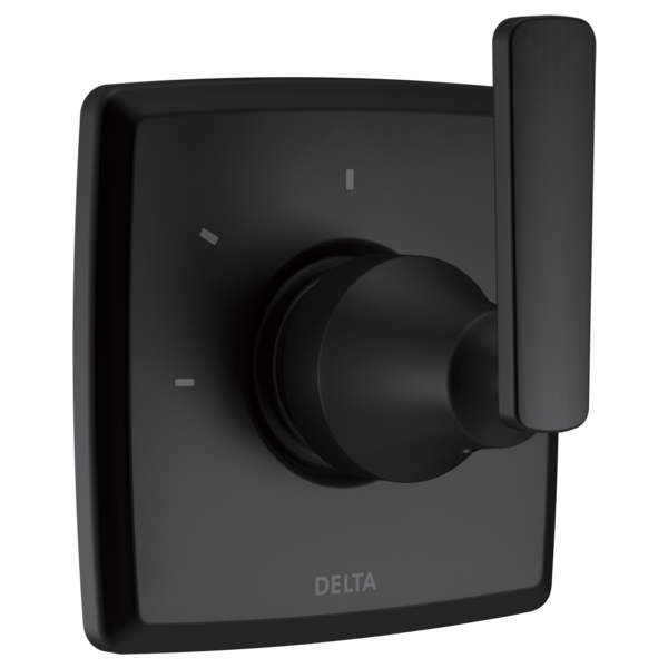 Black Delta Ashlyn diverter trim with rotary knob and lever handle, three setting indicators visible on square escutcheon pla
