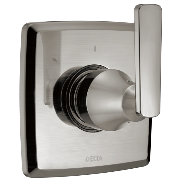Brushed nickel shower diverter trim with single knob control and rectangular escutcheon plate.