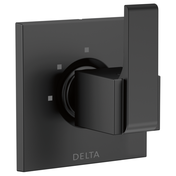 Matte black square diverter trim with lever handle and three small square settings markers.