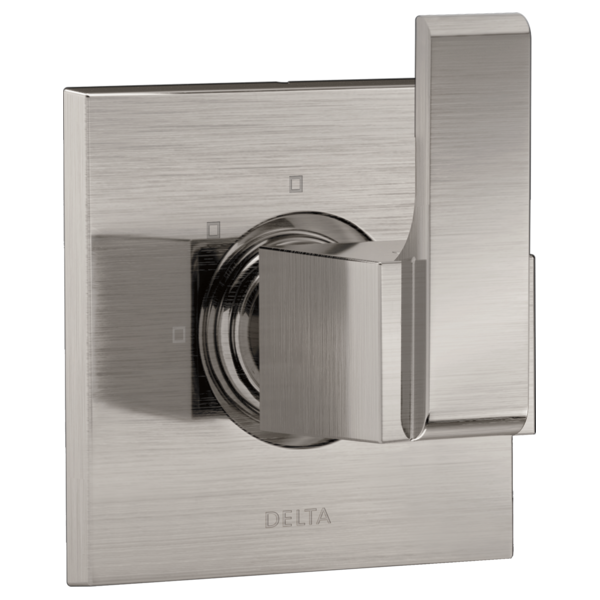 Brushed nickel square shower diverter trim with lever handle and three setting ports.