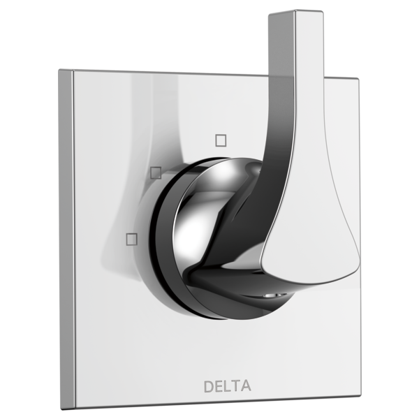 Chrome and matte black 3-setting 2-port diverter trim with curved lever handle mounted on white square escutcheon plate.