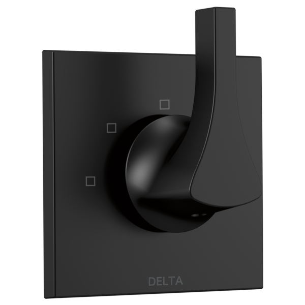 Black Delta Zura diverter trim with spherical handle and three square selection buttons on rectangular escutcheon plate.