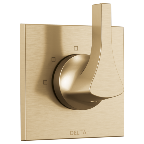Champagne bronze Delta Zura diverter trim with curved lever handle and square mounting plate.