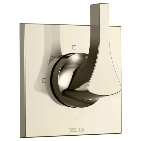 Chrome and champagne bronze Delta diverter trim with curved handle and square mounting plates on wall plate.