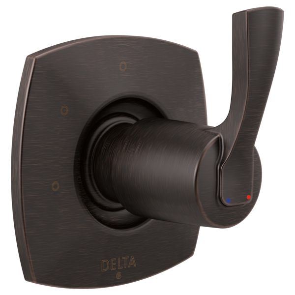 Oil-rubbed bronze three-function diverter trim with lever handle and curved trim plate.