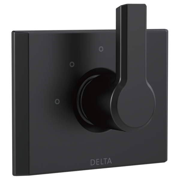 Matte black Delta diverter trim with rotary dial handle and vertical lever control on square escutcheon plate.