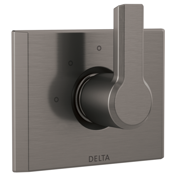 Brushed stainless steel Delta diverter trim with rotating handle and rectangular mounting plate.