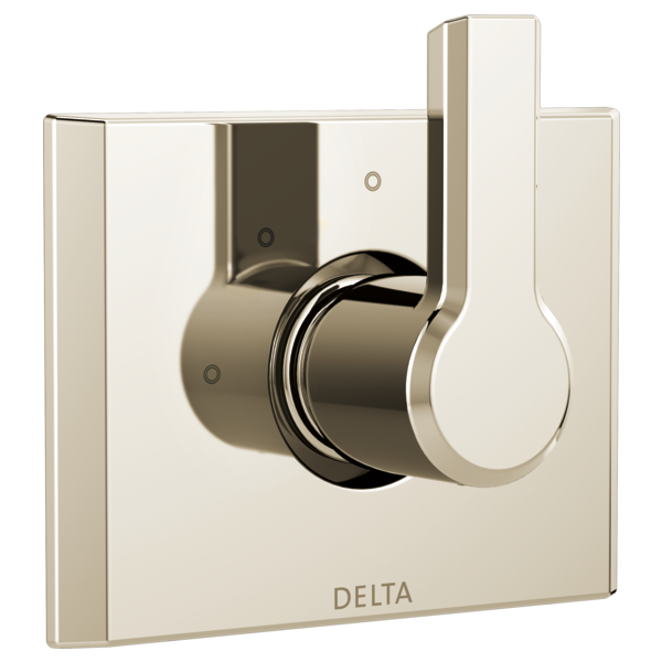 Delta Pivotal diverter trim with polished nickel finish, rotating lever handle, and square escutcheon plate.