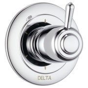 Chrome Delta diverter valve trim with circular escutcheon plate and lever handle.