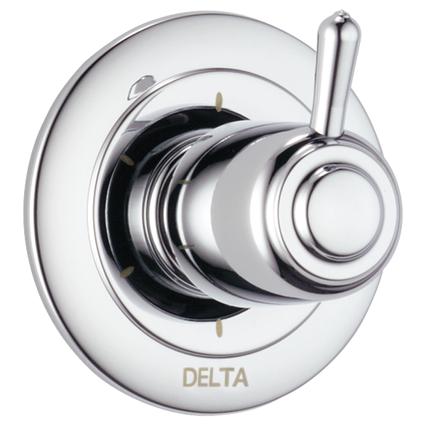 Chrome Delta diverter valve trim with circular escutcheon plate and lever handle.