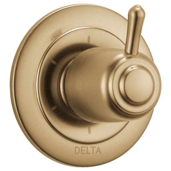 Champagne bronze circular shower diverter trim with single lever handle and six setting options.