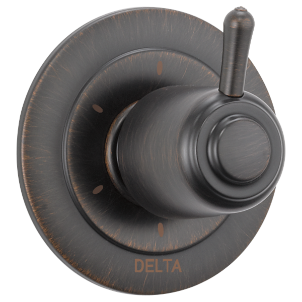 Delta 6-setting 3-port diverter trim in oil-rubbed bronze with round escutcheon plate and lever handle.
