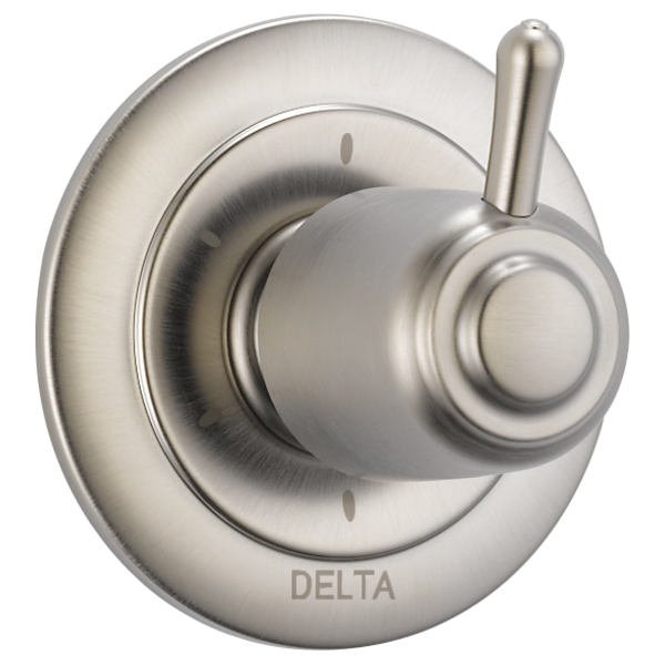 Brushed nickel Delta diverter valve trim with circular escutcheon plate, central dial, and lever handle.