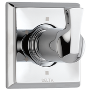 Chrome and white Delta Dryden diverter trim with lever handle mounted on square escutcheon plate.