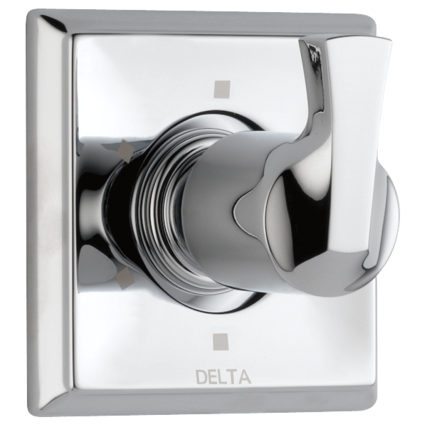 Chrome and white Delta Dryden diverter trim with lever handle mounted on square escutcheon plate.
