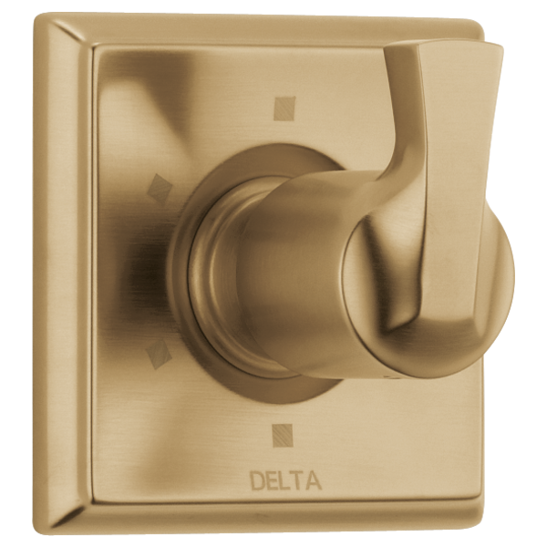 Champagne bronze diverter trim with rounded lever handle and square wall plate, Delta branding visible.