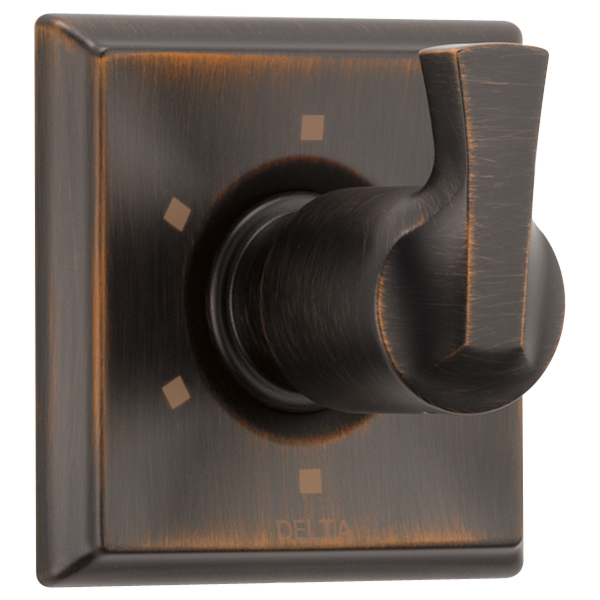 Oil-rubbed bronze shower diverter trim with lever handle and square backplate.