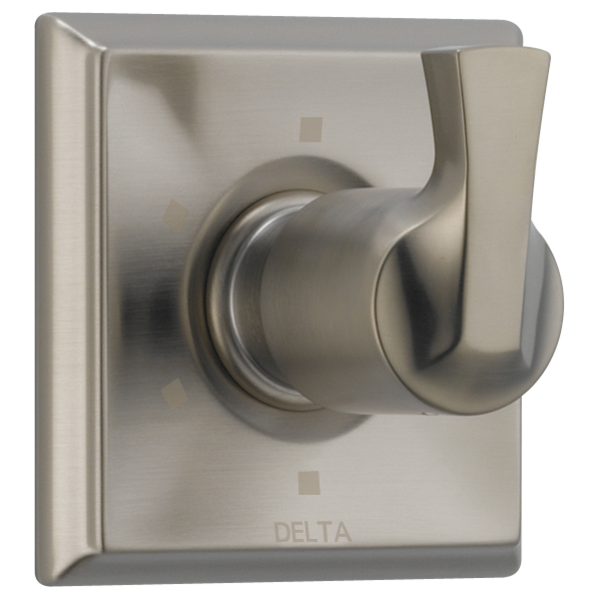 Brushed nickel Delta Dryden diverter trim with single dial control and curved lever handle on square wall plate.