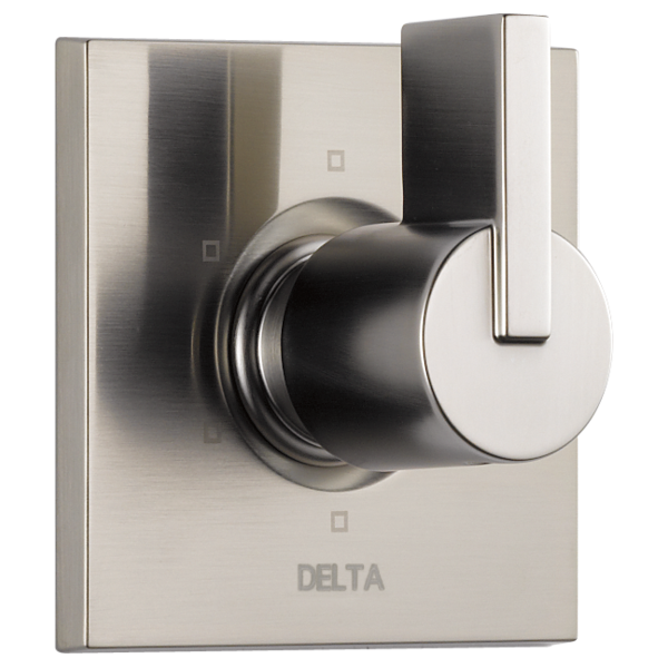 Chrome and stainless steel shower diverter trim with round handle and rectangular escutcheon plate.