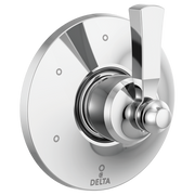 Chrome and white round shower diverter trim with lever handle and six setting options.