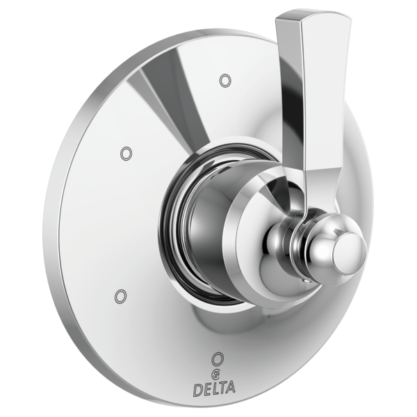 Chrome and white round shower diverter trim with lever handle and six setting options.