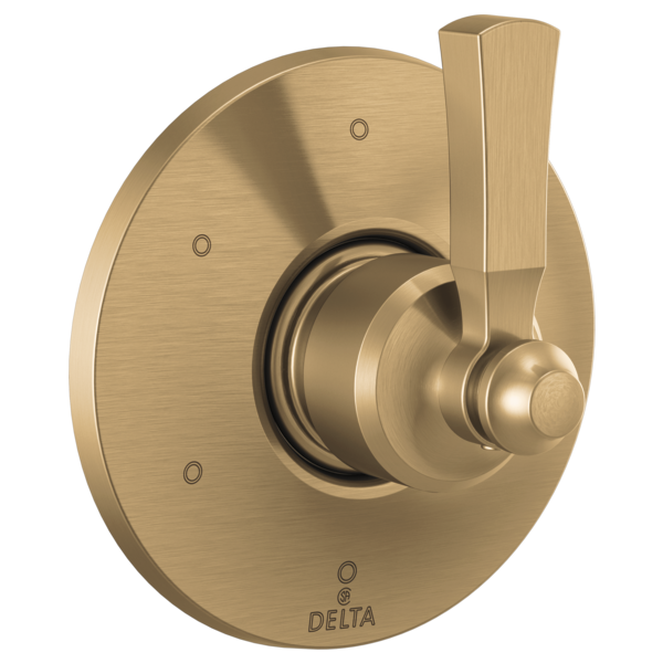 Champagne bronze round diverter trim with lever handle and central rotating knob for water flow control.