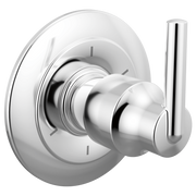 Chrome shower diverter valve trim with round escutcheon plate, rotary knob handle, and setting indicators.