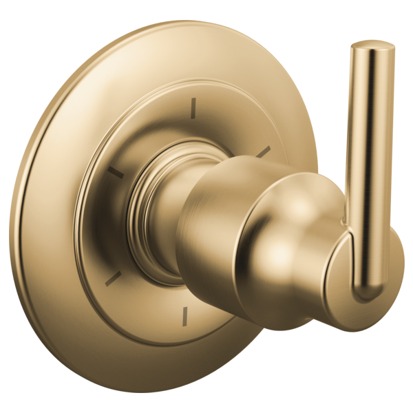Champagne bronze diverter trim with round backplate, spherical handle, and lever port selector.
