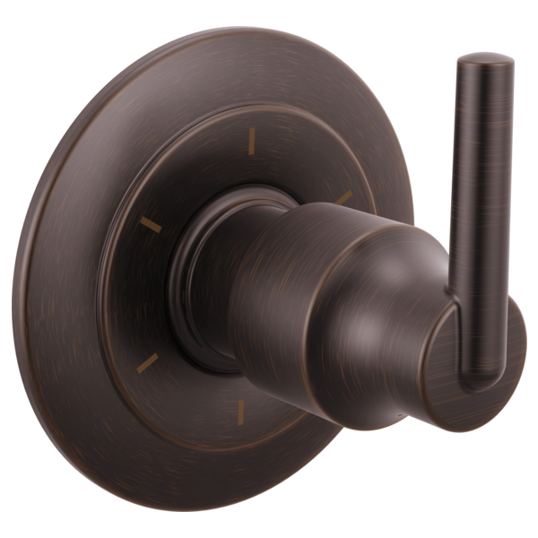 Oil-rubbed bronze diverter trim with round escutcheon plate and lever handle.