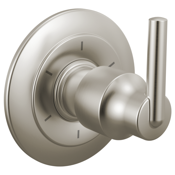 Chrome diverter trim with round escutcheon plate, lever handle, and numbered setting indicators.