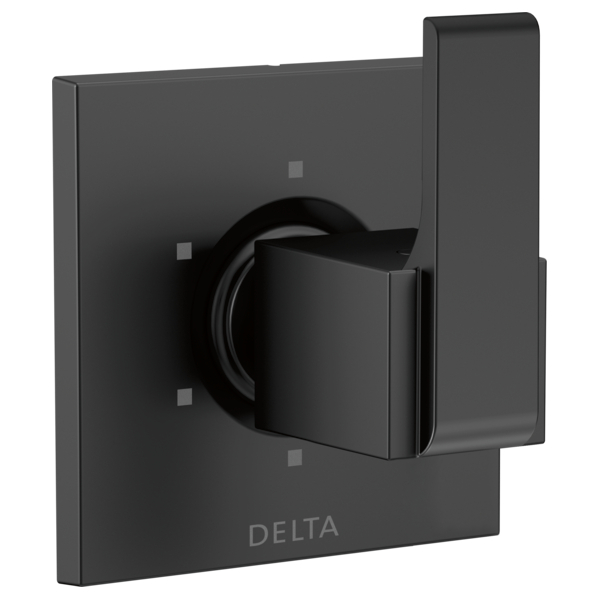 Black Delta Ara diverter trim with lever handle and square escutcheon plate on matte black finish.