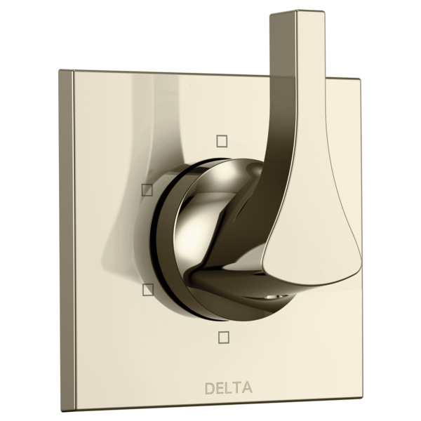Chrome and champagne bronze Delta shower diverter trim with rounded lever handle mounted on square escutcheon plate.