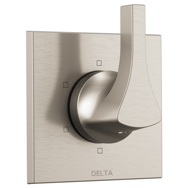 Brushed nickel Delta diverter trim with curved lever handle and square mounting plate.