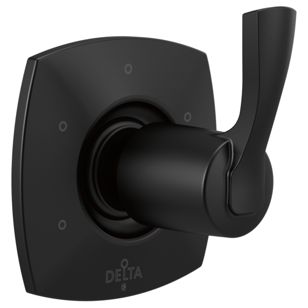 Matte black shower diverter trim with cylindrical handle and square mounting plate.