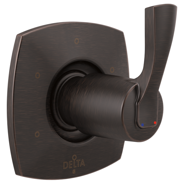 Bronze Delta Stryke diverter trim with curved lever handle and square escutcheon plate.