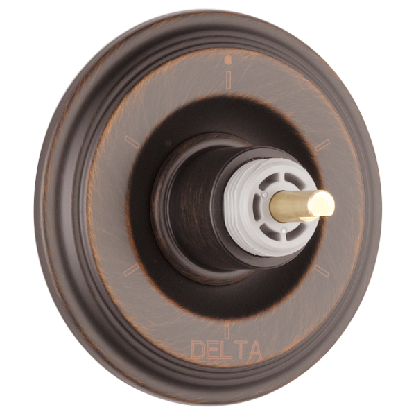 Bronze oval shower diverter trim plate with brass valve stem and white escutcheon ring, without handle.
