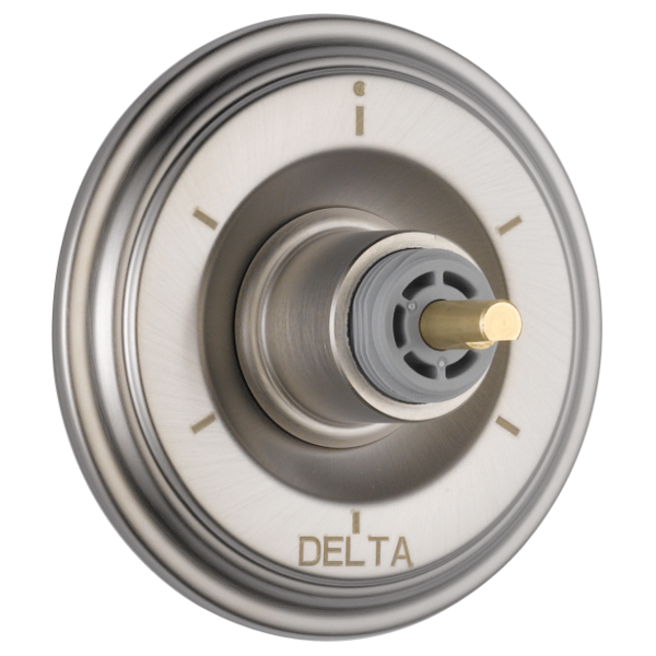 Delta Cassidy chrome diverter trim with oval escutcheon plate, knob valve, and six setting positions marked.