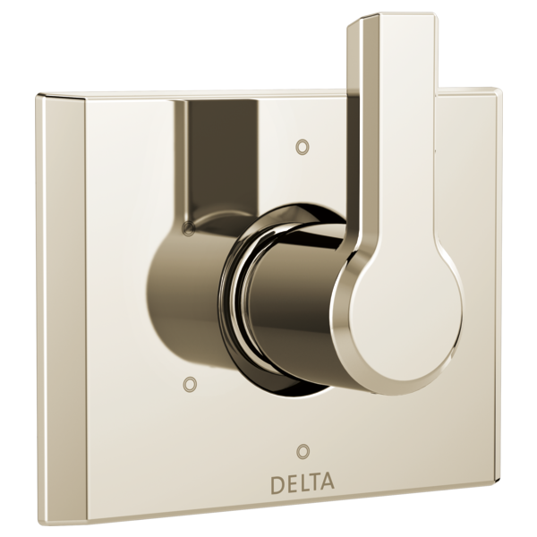 Chrome and nickel Delta diverter trim with rounded lever handle and square mounting plate.