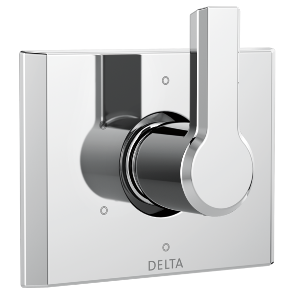 Chrome and white Delta diverter trim with rotatable handle control mounted on square escutcheon plate.