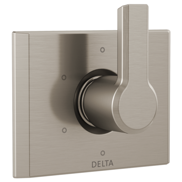 Brushed nickel square trim plate with round diverter handle and three outlet ports for shower valve control.
