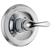 Chrome shower valve trim with single lever handle and circular escutcheon plate.